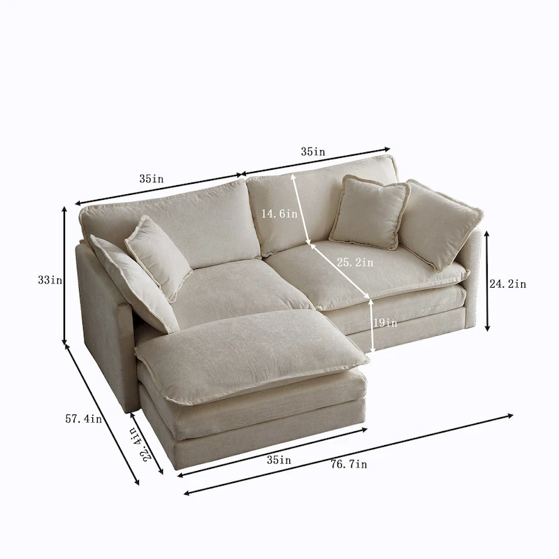 3-Piece Modular Chenille Upholstered L-Shaped Sectional Sofa with Ottoman