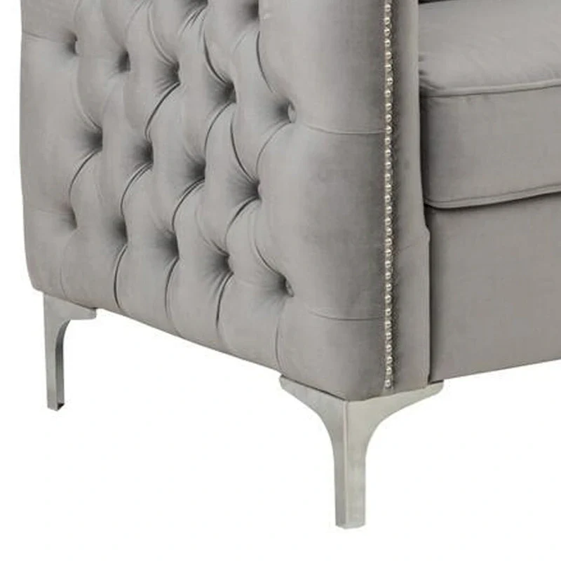 Joel 73 Inch Modern Sofa with 3 Pillows, Tufted Gray Velvet, Silver Legs