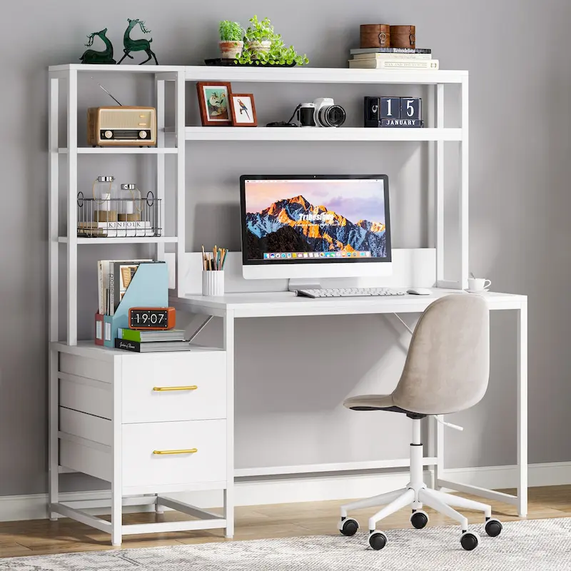 Rustic Computer Office Desk with Drawers and Hutch