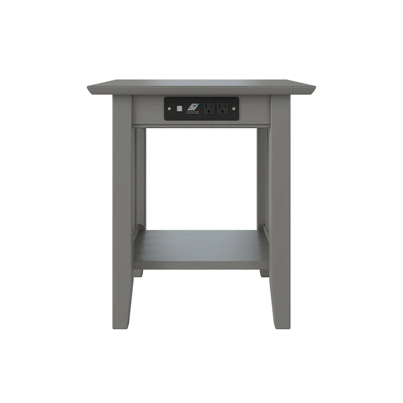 Mission-Style End Table with USB Charging Station – Grey, Solid Wood, Single