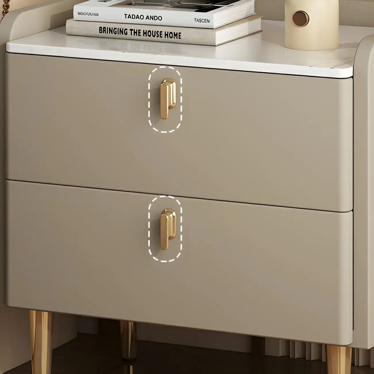 Modern Leather Stone Top Gold Accents 2-Drawer Nightstand