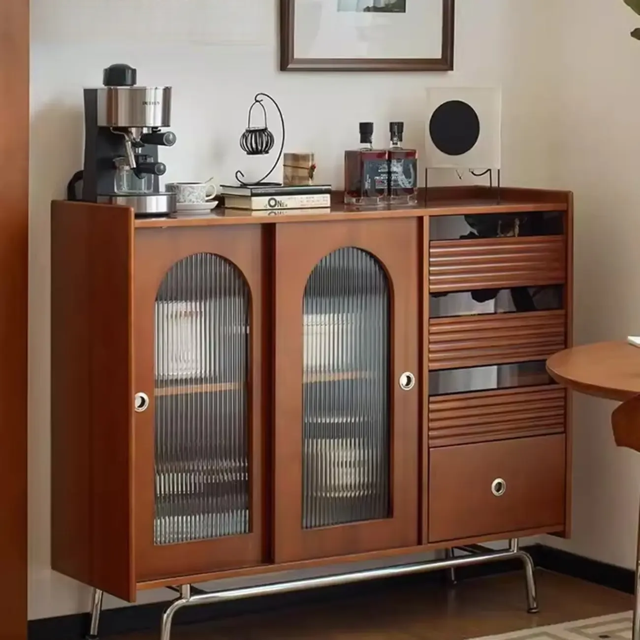 Scandinavian Brown Wooden Buffet Table with Storage
