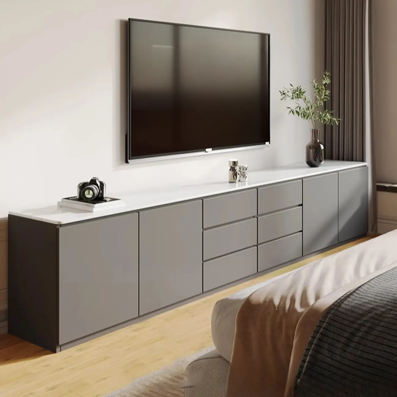 Modern Long White Wood TV Stand with Drawers
