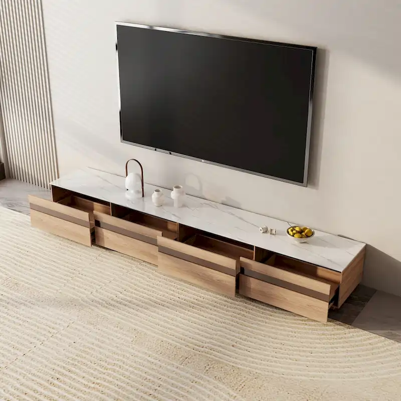 Modern Light Wood TV Stands, Glossy Stone Table-top, 3-6Drawers, Fully Assembled