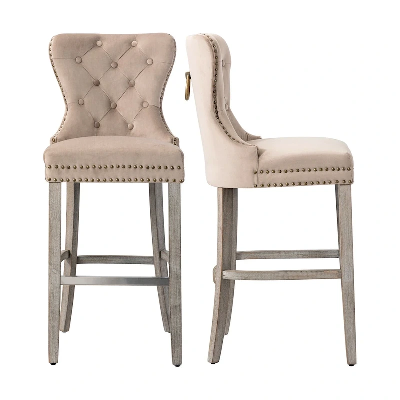 Carter 29  Wingback Tufted Nailhead Bar Stool (Set of 2), Antique Grey Legs