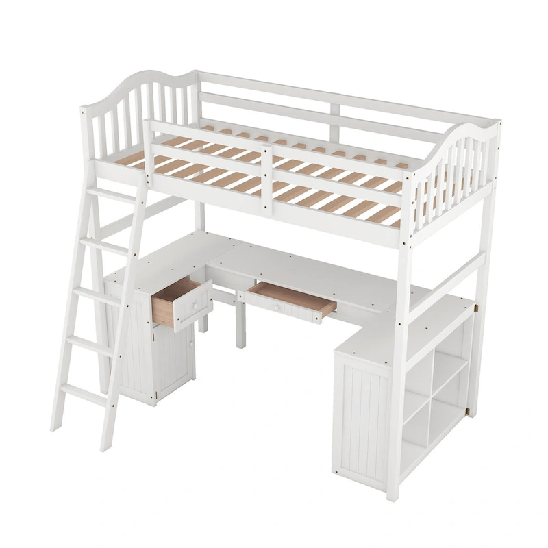 Twin Loft Bed with Drawers, Cabinet, Shelves, and Desk