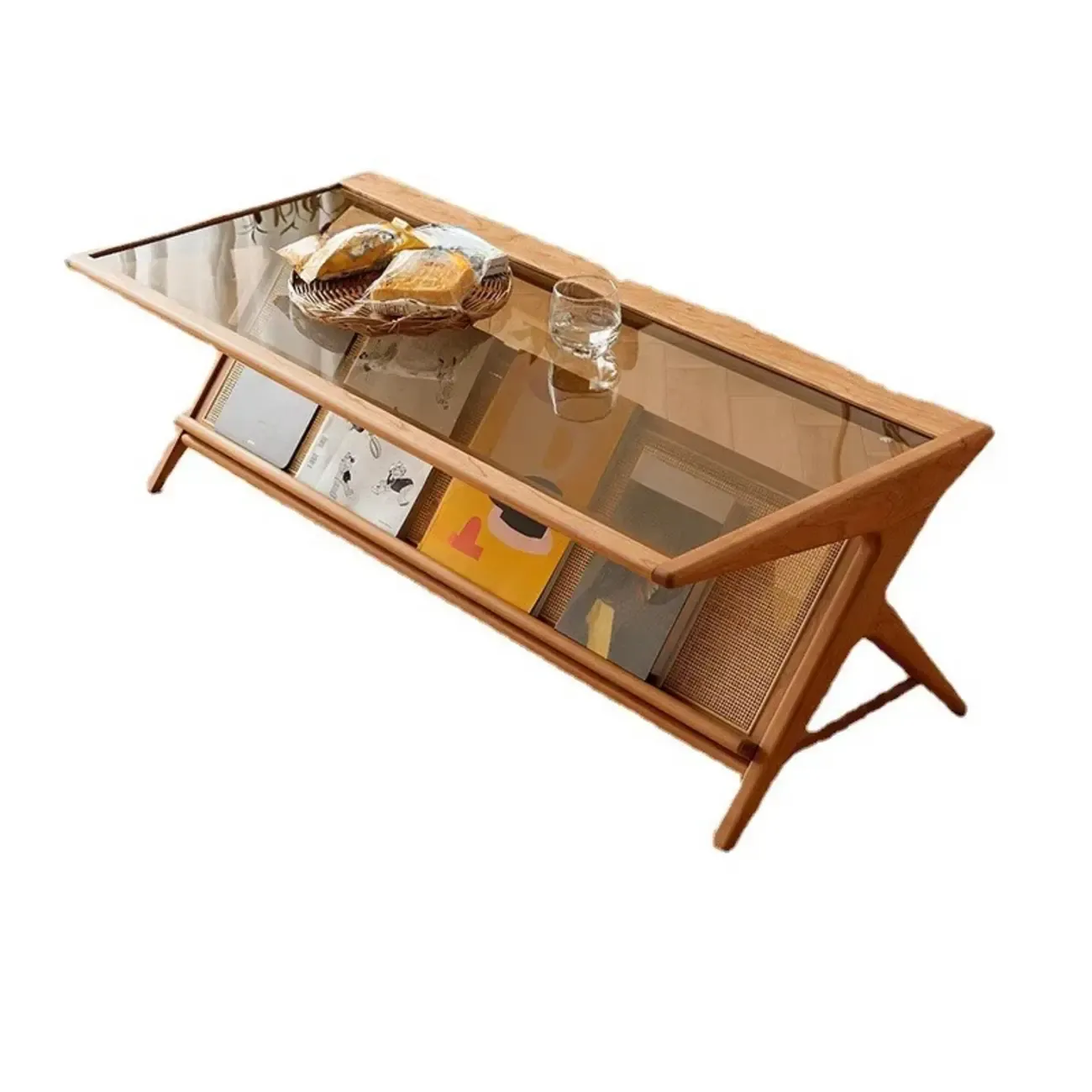 Modern Brown Rectangle Glass Wood Coffee Table with Shelf