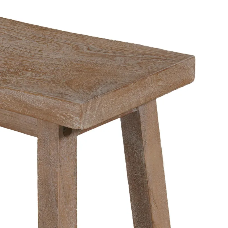 33 Inch Saddle Seat Bench with Angled Frame, Sandblasted Antique Brown Acacia Wood