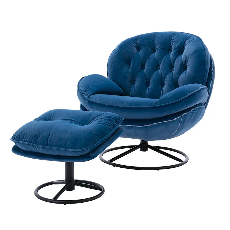 Blue Modern 31.73 Upholstered Swivel Buttons Tufted Accent Chair with Ottoman and Black Metal Legs
