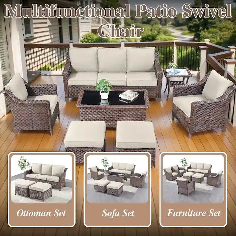 6 Pieces Wicker Sofa with Rocking Chair, Ottoman, Table - Brown