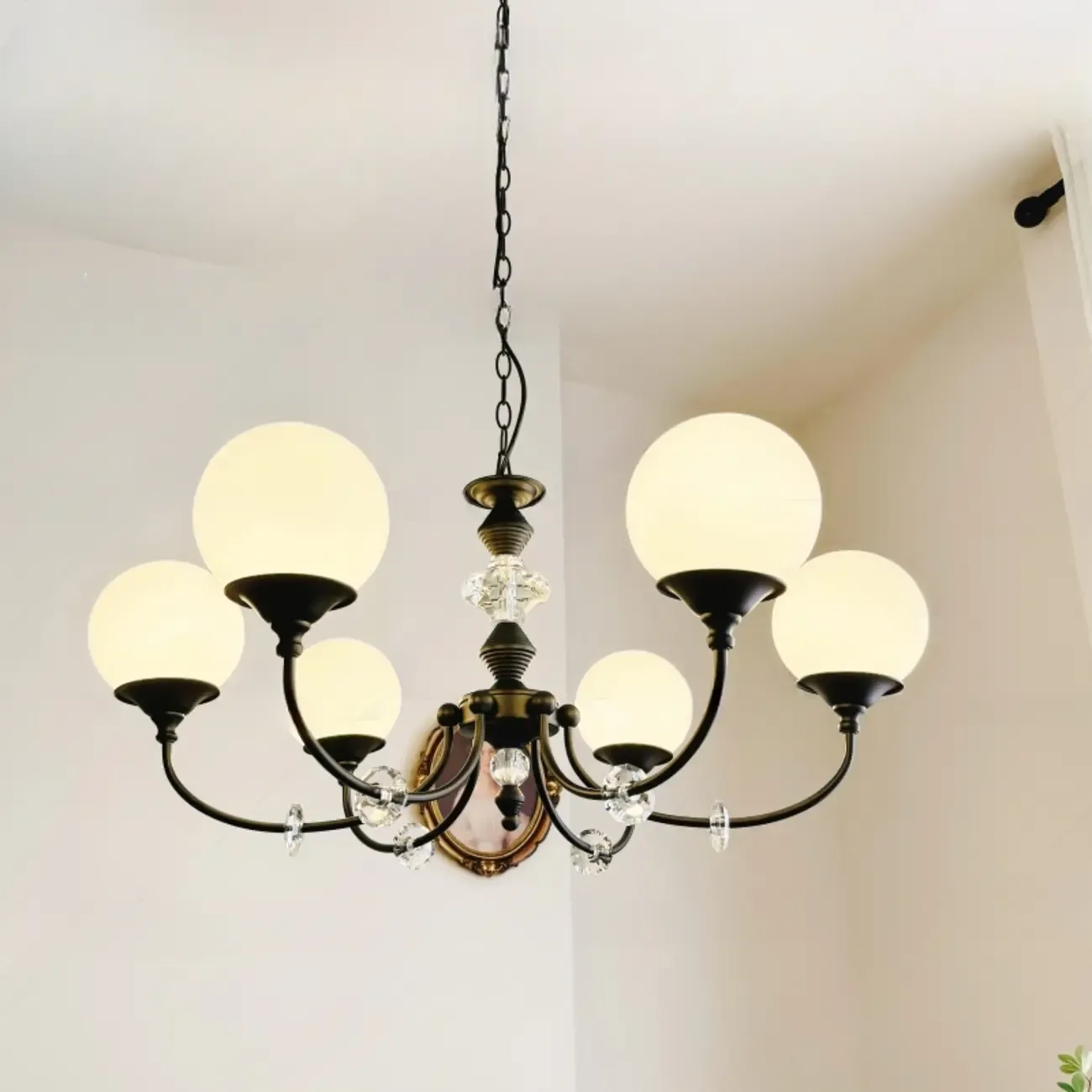 Modern Black 6-Light Glass Globe Chandelier with Crystal Accents