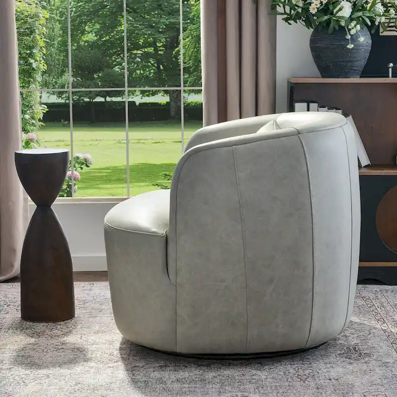 KINWELL Modern Top Grain Genuine Leather Swivel Armchair with Pillow