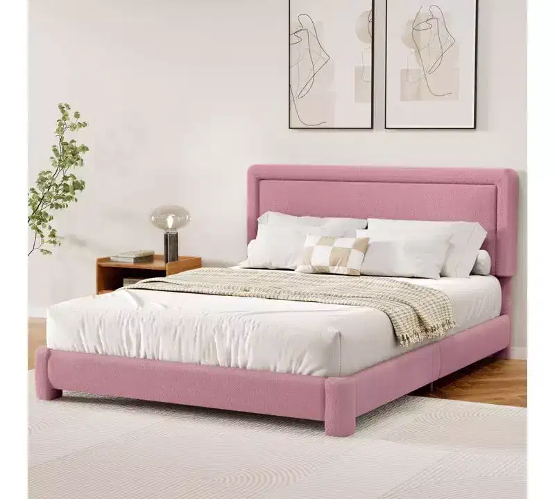 Dyonery Boucle Bed Frame,Black Upholstered Teddy Fabric Bed Frame with Headboard,No Box Spring Required, Adjustable Headboard, Easy Assembly