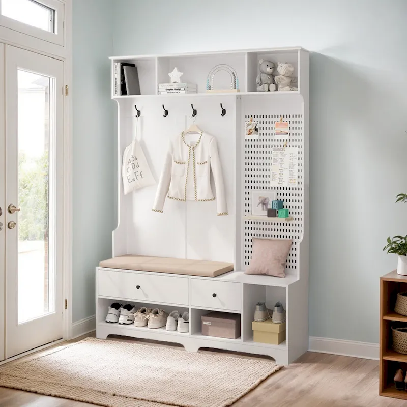 Hall Tree with Shoe Bench, Coat Rack, Shelves and Pegboard