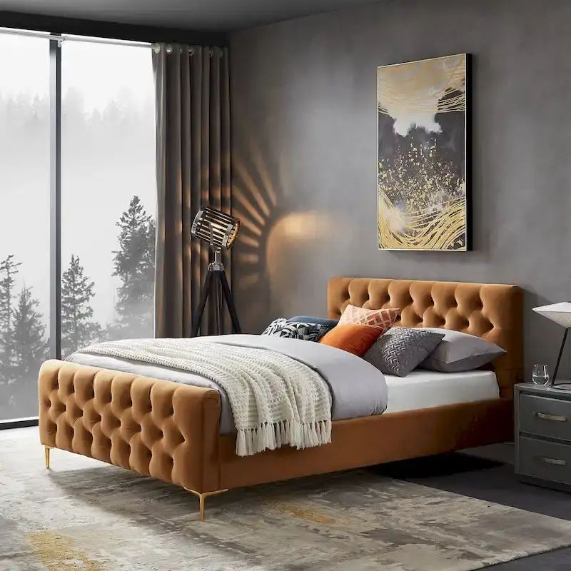 Bianca Mid Century Velvet Platform Bed in Cognac