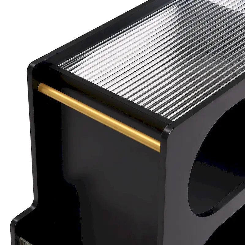 31.5 Modern Mobile End Table with 5mm Thick Fluted Tempered Glass, Lockable Wheels and Golden Round Rod