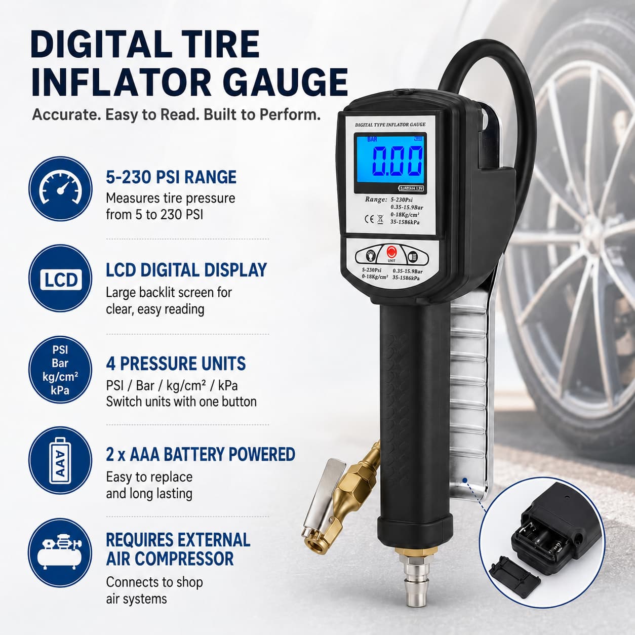 SEAPENG DP-002 Digital Tire Inflator Gauge, 5-230 PSI for cars, trucks, RVs and garages