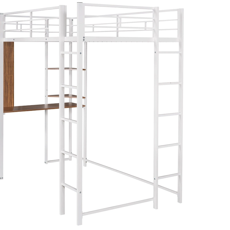 White Twin Metal Loft Bed with Ladder, Fence & Desk