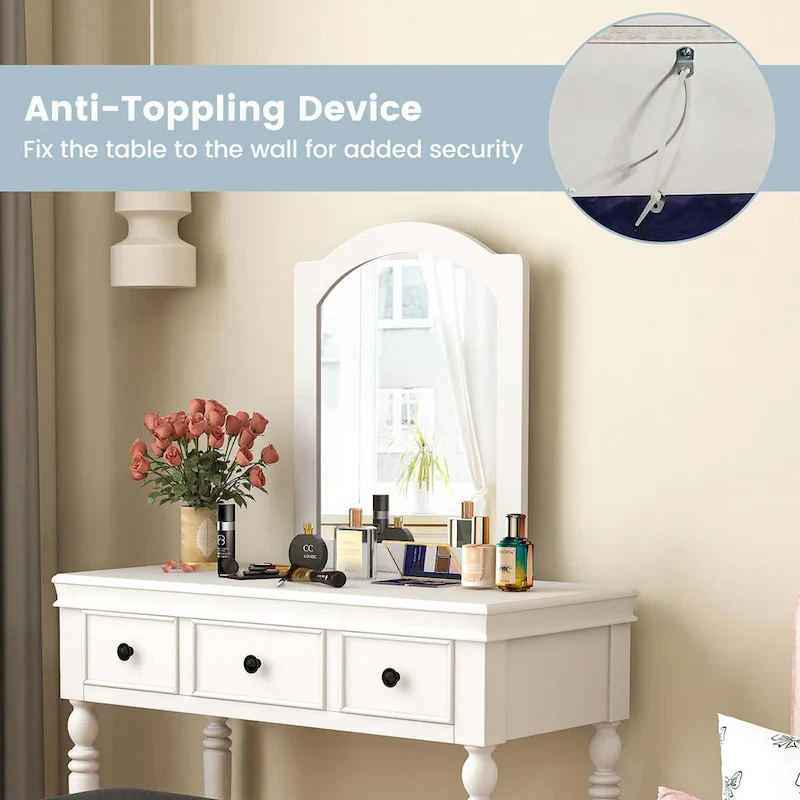 Costway Vanity Table Set Makeup Desk Cushioned Stool 3 Drawer Large - See Details