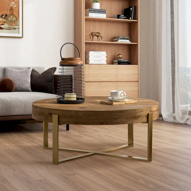 31W Round Coffee Table With Fir Wood Table Top and Metal Frame End Table