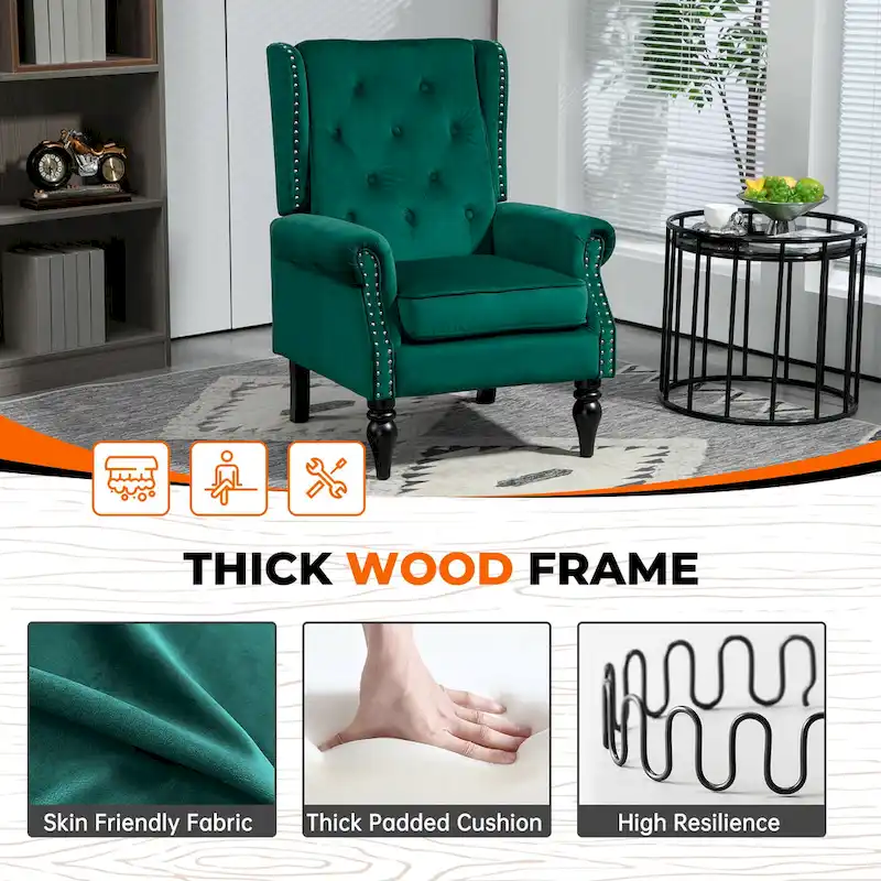 Mid-Century Velvet/Leather Upholstered Tufted Wood Frame Armchair