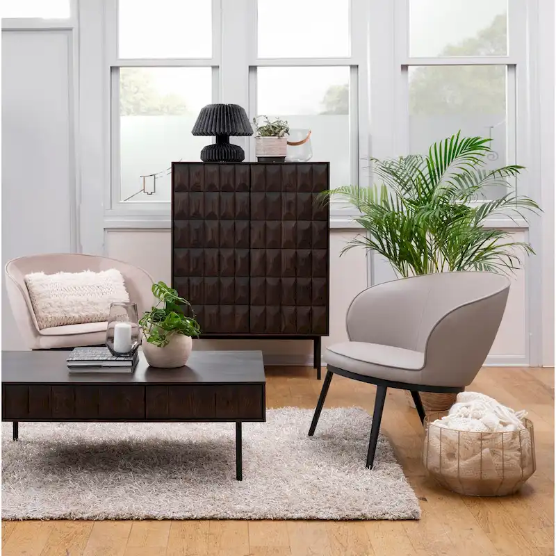 Modern Coffee Table - Espresso Oak Veneer, 2 Drawers, Matte Black Metal Base, 46W x 16.5H