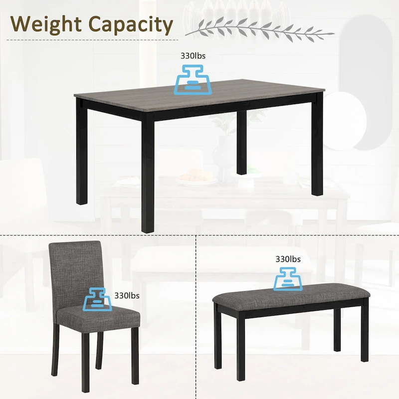 6 Piece Dining Table Set, Wooden Dining Table Set with Rectangular Dining Table, Bench and 4 Upholstered Chairs