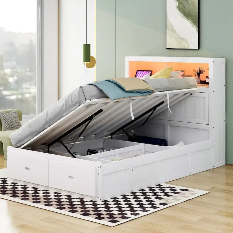 White Full Size Wooden Bed with LED Storage Headboard, Charging Station, and 2 Drawers
