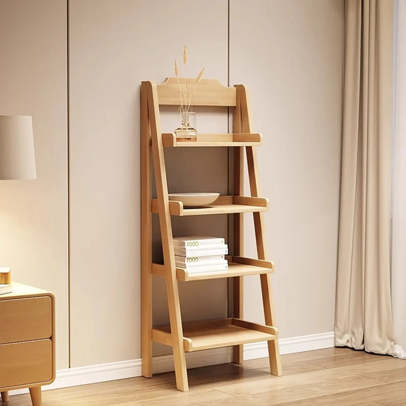 Mid-Century Modern Walnut Wood Multi-tier Ladder Bookshelves