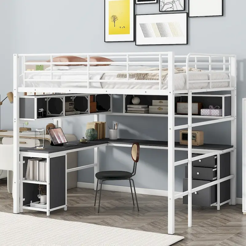 Metal Loft Bed with Bookcase, Desk and Cabinet