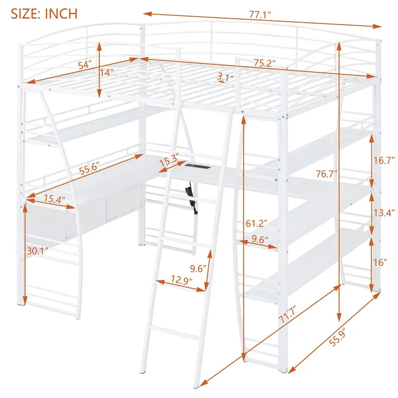 Twin Size Loft Bed with 4 Layers of Shelves and L-shaped Desk, with a set of Sockets, USB Ports and and Wireless Charging