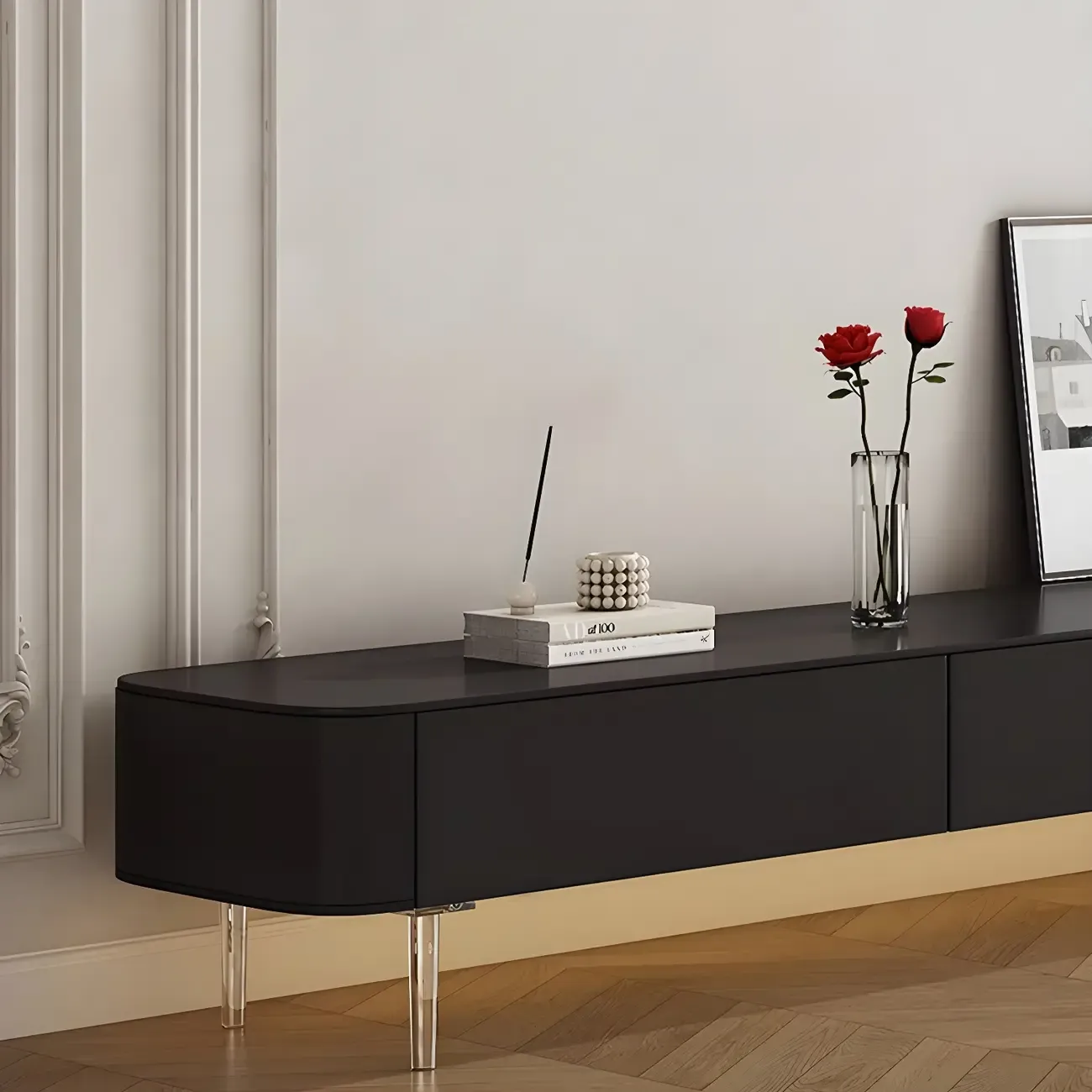 87 Modern Black Wooden Long TV Stand with Drawers
