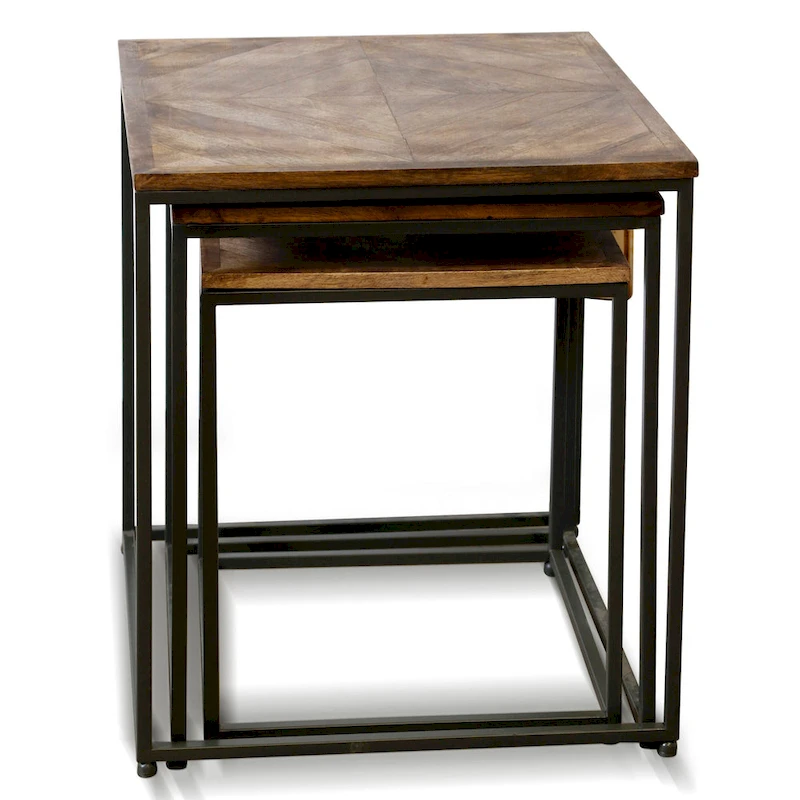 Logan - Set Of Three Nested Side Tables - Dark Wood Finish On Top - Black Iron Frame