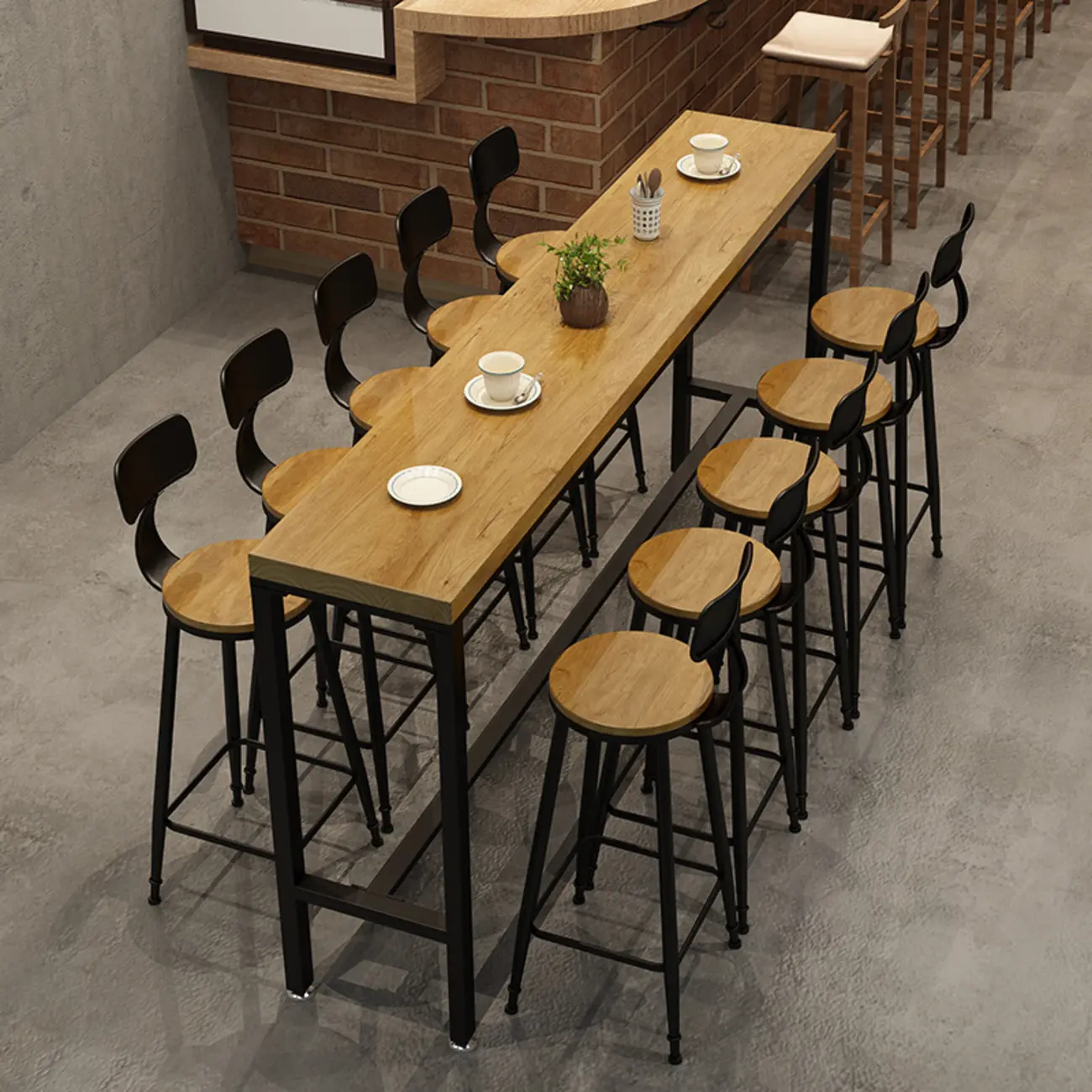 Natural Rectangle Solid Wood Long Footrest Bar Table