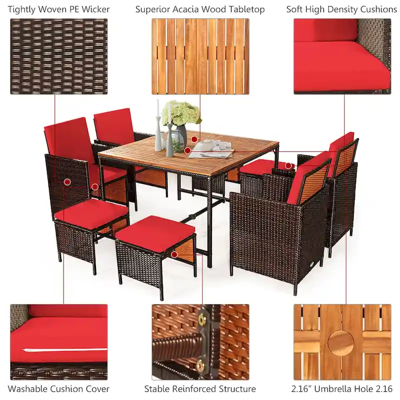 Costway 9PCS Patio Rattan Dining Set Cushioned Chairs Ottoman Wood - See Details