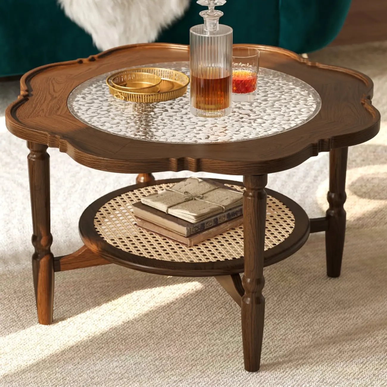 Classic 2-Layer Walnut Finish Wood Coffee Table in Glass Top