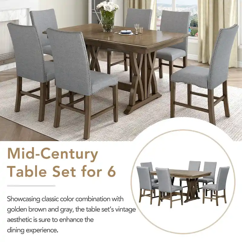 7-Piece Wooden Dining Table Set with Extendable Table & 6 Chairs