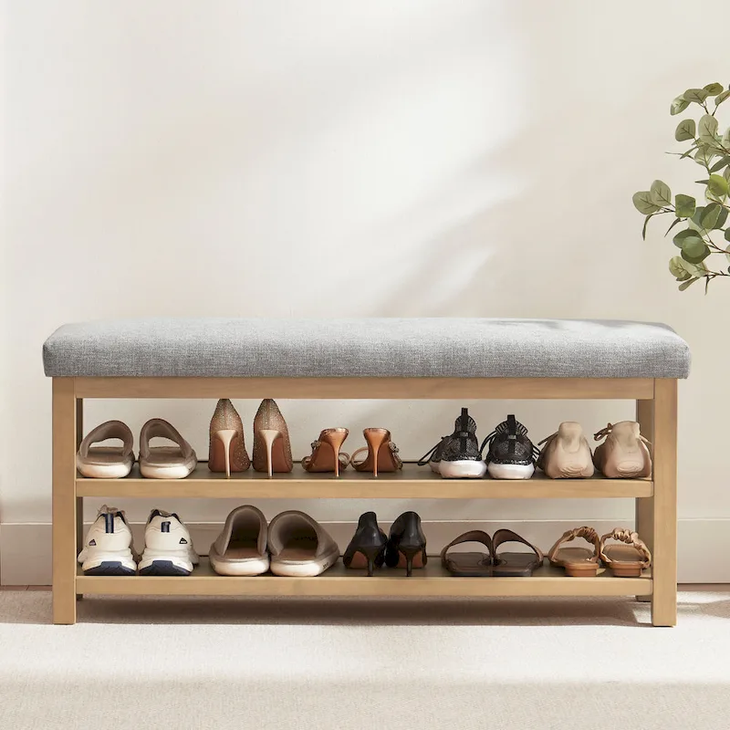 HUIMO Multi-Functional Solid Wood Bench with Storage Shelves 46in