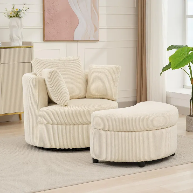 Corduroy Accent Chair, Barrel Chair with Ottoman and Back Cushions for Living Room