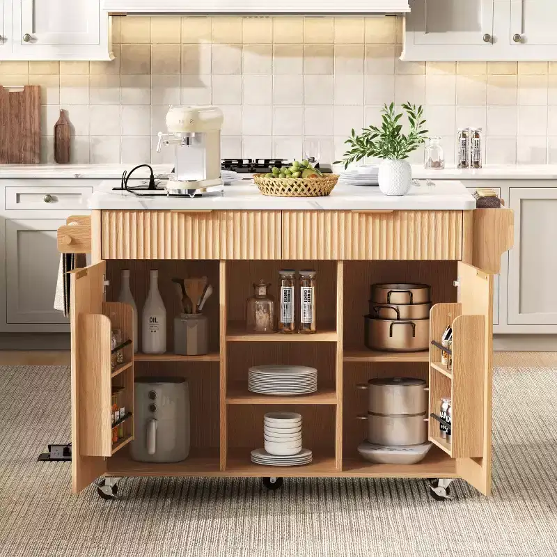 52 Farmhouse Mobile Kitchen Island with Drop Leaf and Faux Marble Top, Rolling Kitchen Cart with Storage for Kitchen or Dining Room-Panipeachy