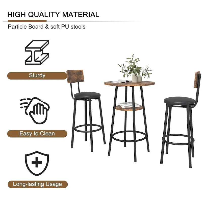 3 Pcs Dining Set, 2-Tier Round Bistro Bar Table & Upholstered Chair