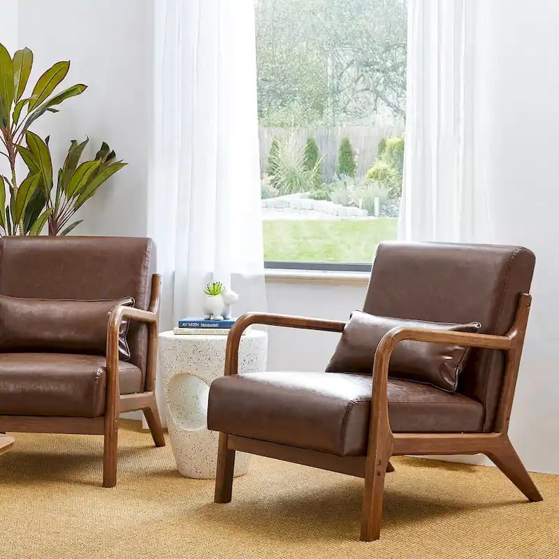 Glitzhome Set of 2 30.75H Mid-Century Modern PU Leather Accent Chairs with Cushion - 25.75W x 33.75D x 30.75H