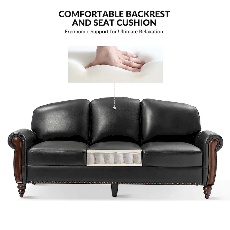 84 Traditional Genuine Leather Sofa with Carved Wood Legs