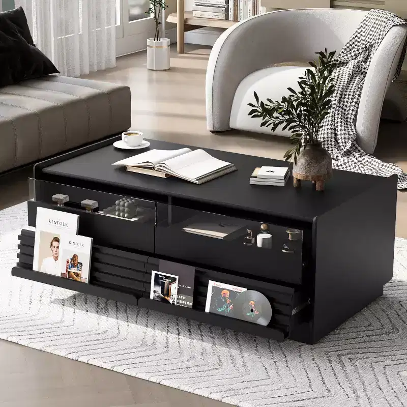 47.2 Modern Rectangle Coffee Table with 4 Drawers, 2 Display Shelves and Tempered Glass Top - Panipeachy