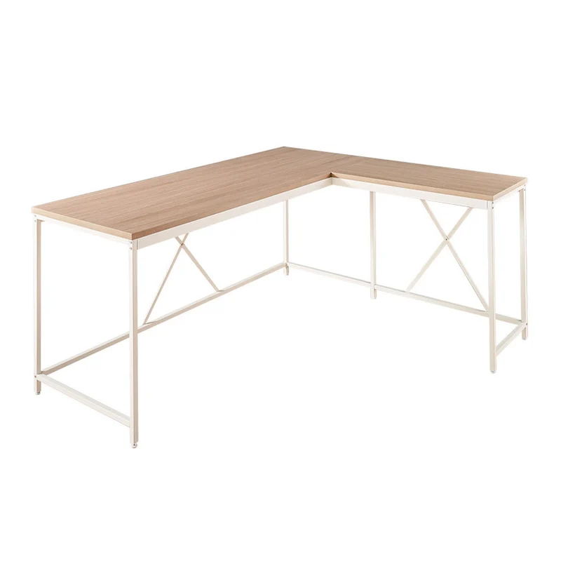 Corner Desk, L Shaped White Metal Frame, X Crossed, Oak Brown Wood Top