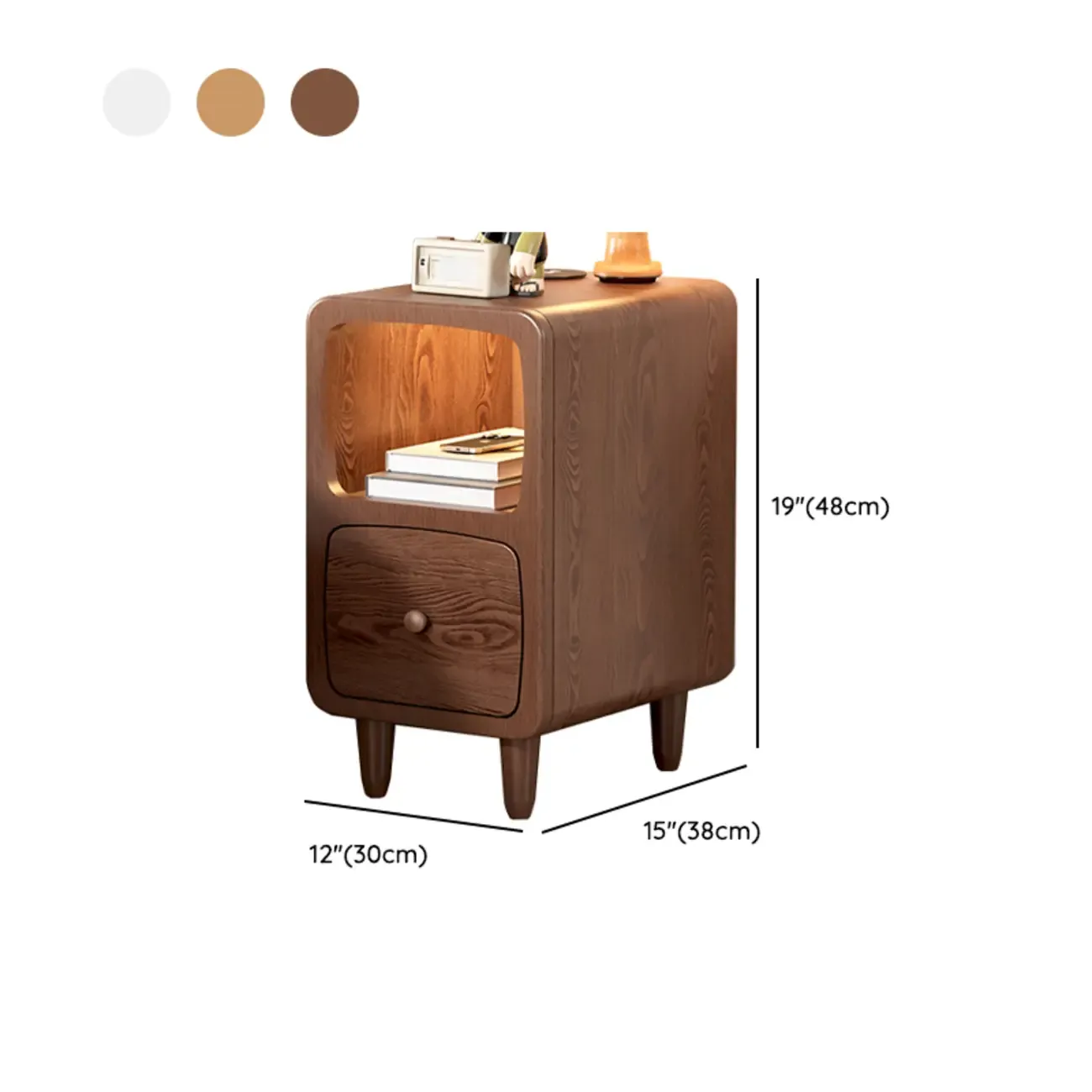 Modern Wood Small Nightstand Open Shelf and Drawer