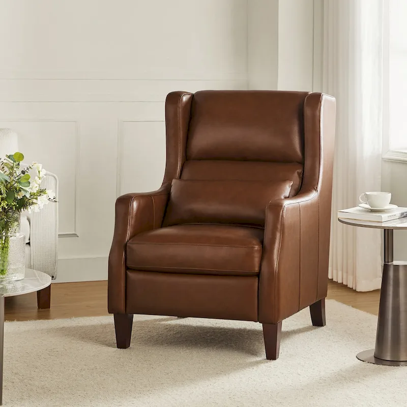 Genuine Leather Wingback Armchair with Lumbar Pillow