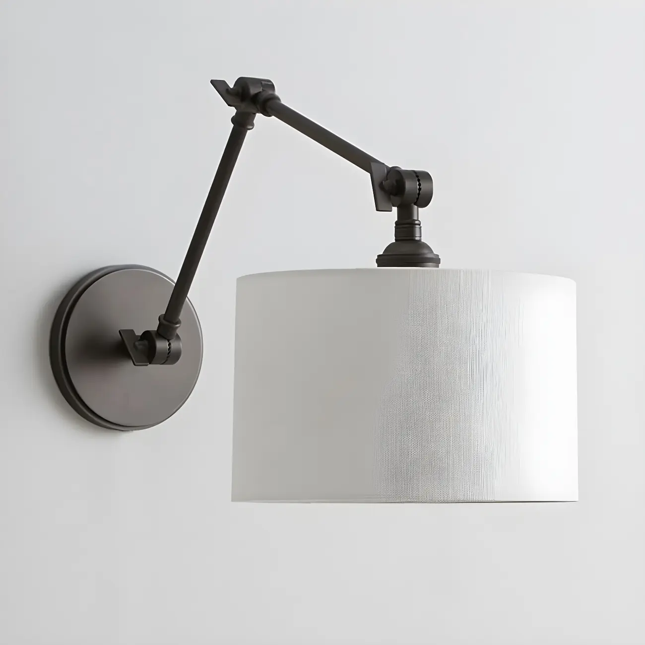 Black 1-Light Metal Swing Arm Wall Light with White Fabric Shade