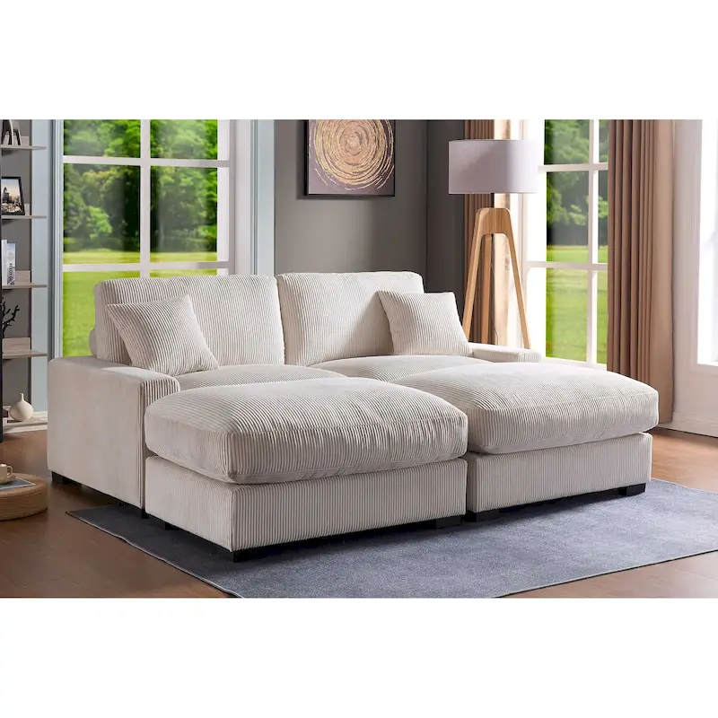 Modular Sectional Sofa with Ottoman & Pillows, Corduroy, Beige/Grey, High-Density Cushion
