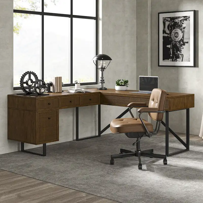 Alfons Industrial L-shaped Lift Top Cane Executive Office Desk with Drawers and Built-In Outlets
